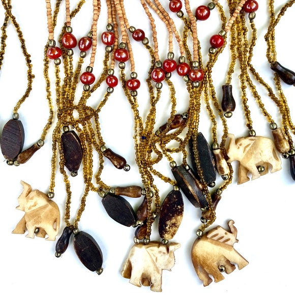 Fringed Choker with Hand-carved Bone Elephants - Vintage Boho Statement Necklace - Picture 4 of 10